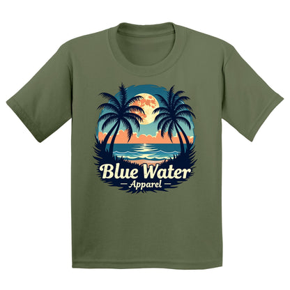 flat lay military green tropical moon kids tee by blue water apparel