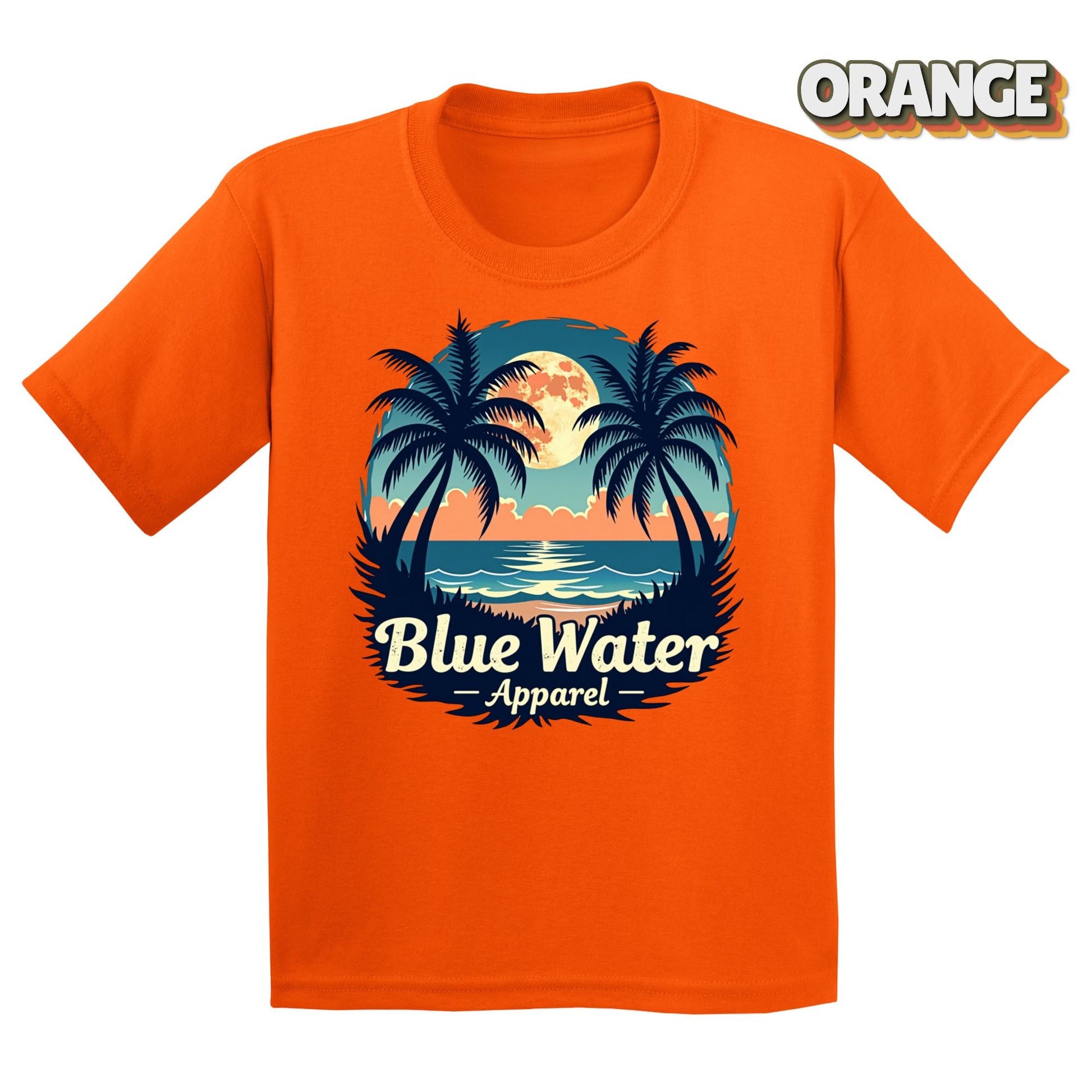Flat lay tropical moon in orange by blue water apparel