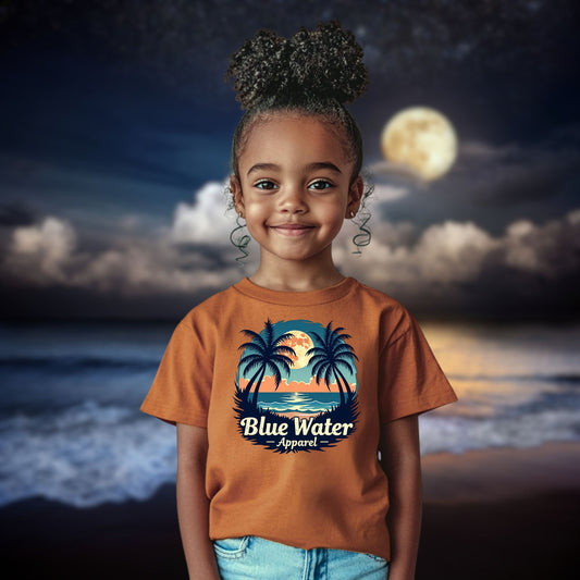 model wearing a texas orange tropical moon tee by blue water apparel