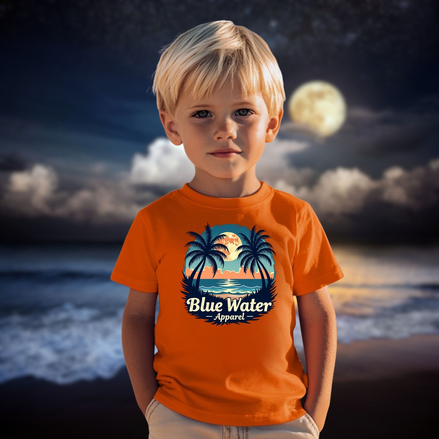 model wearing an orange tropical moon tee by blue water apparel