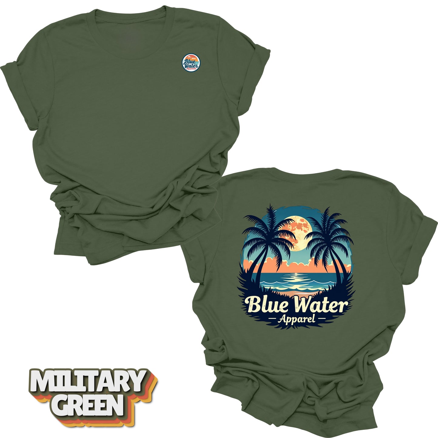 front and back flat lay of military green tropical moon tee by blue water apparel