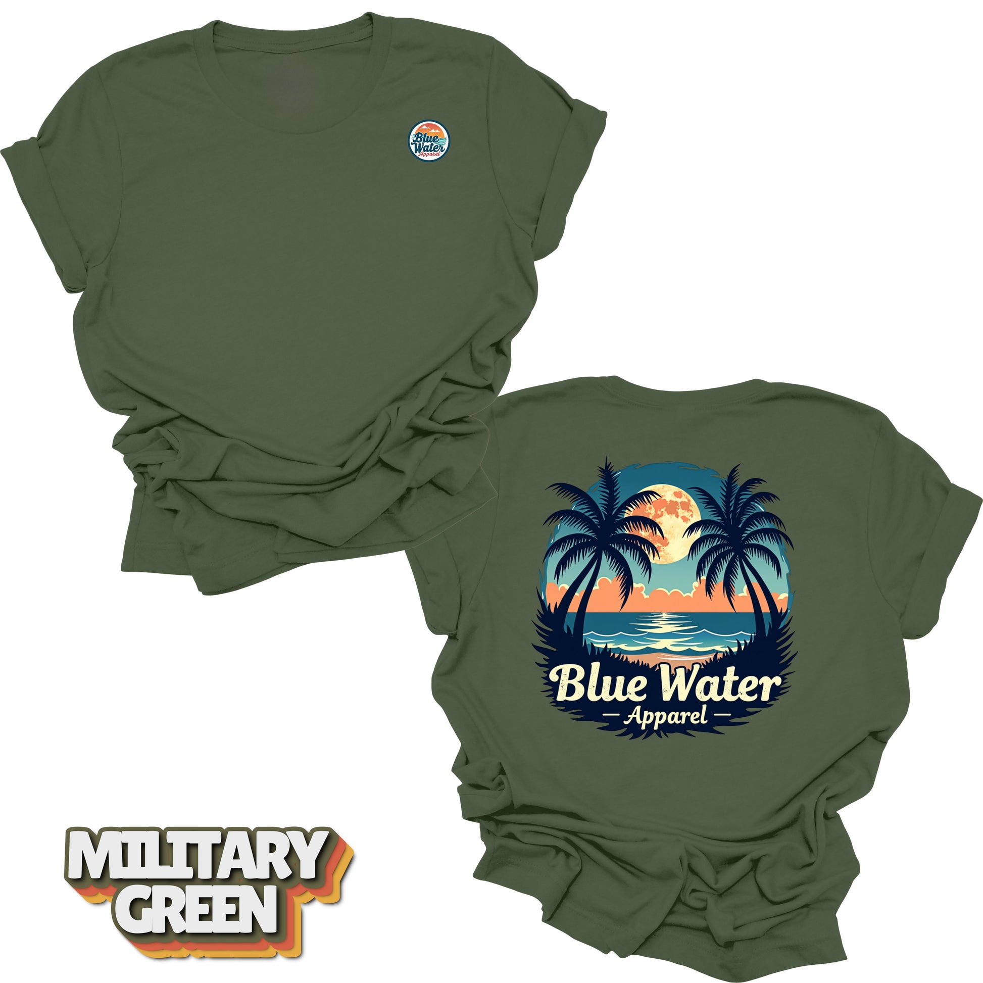 front and back flat lay of military green tropical moon tee by blue water apparel