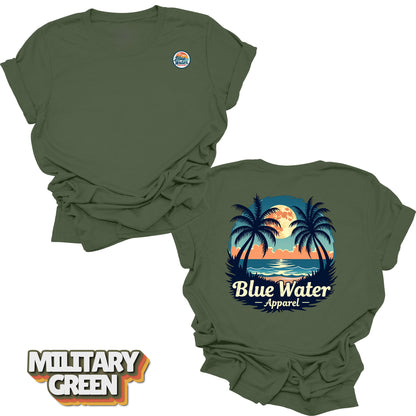 front and back flat lay of military green tropical moon tee by blue water apparel