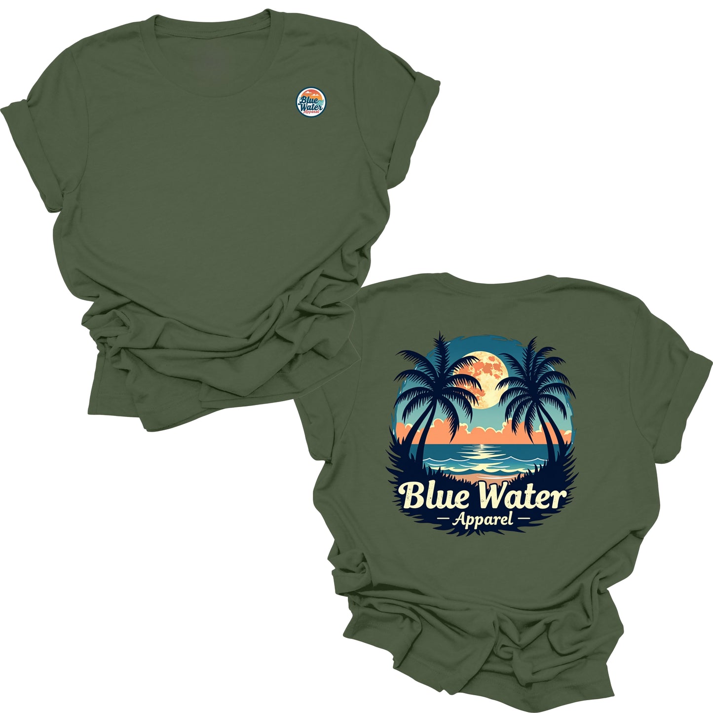flat lay military green tropical moon tee by blue water apparel