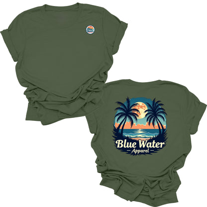 flat lay military green tropical moon tee by blue water apparel
