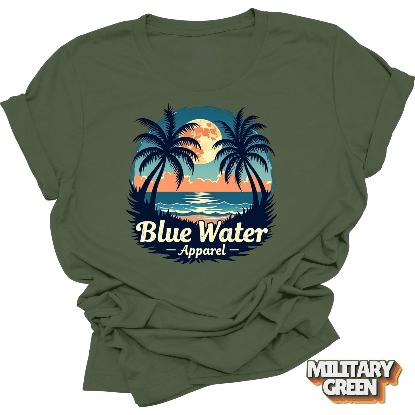 flat lay front graphic of military green tropical moon tee by blue water apparel
