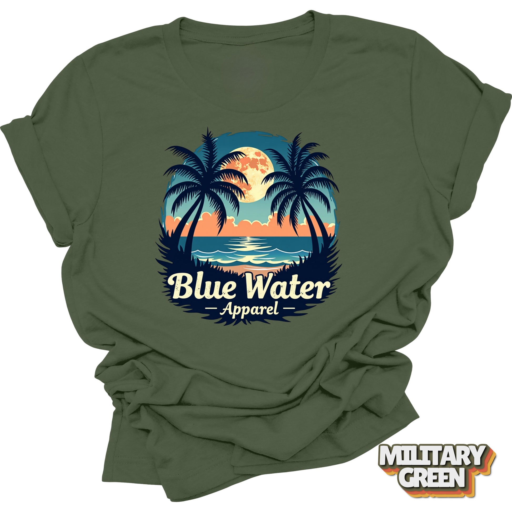 flat lay front graphic of military green tropical moon tee by blue water apparel