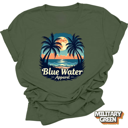 flat lay front graphic of military green tropical moon tee by blue water apparel