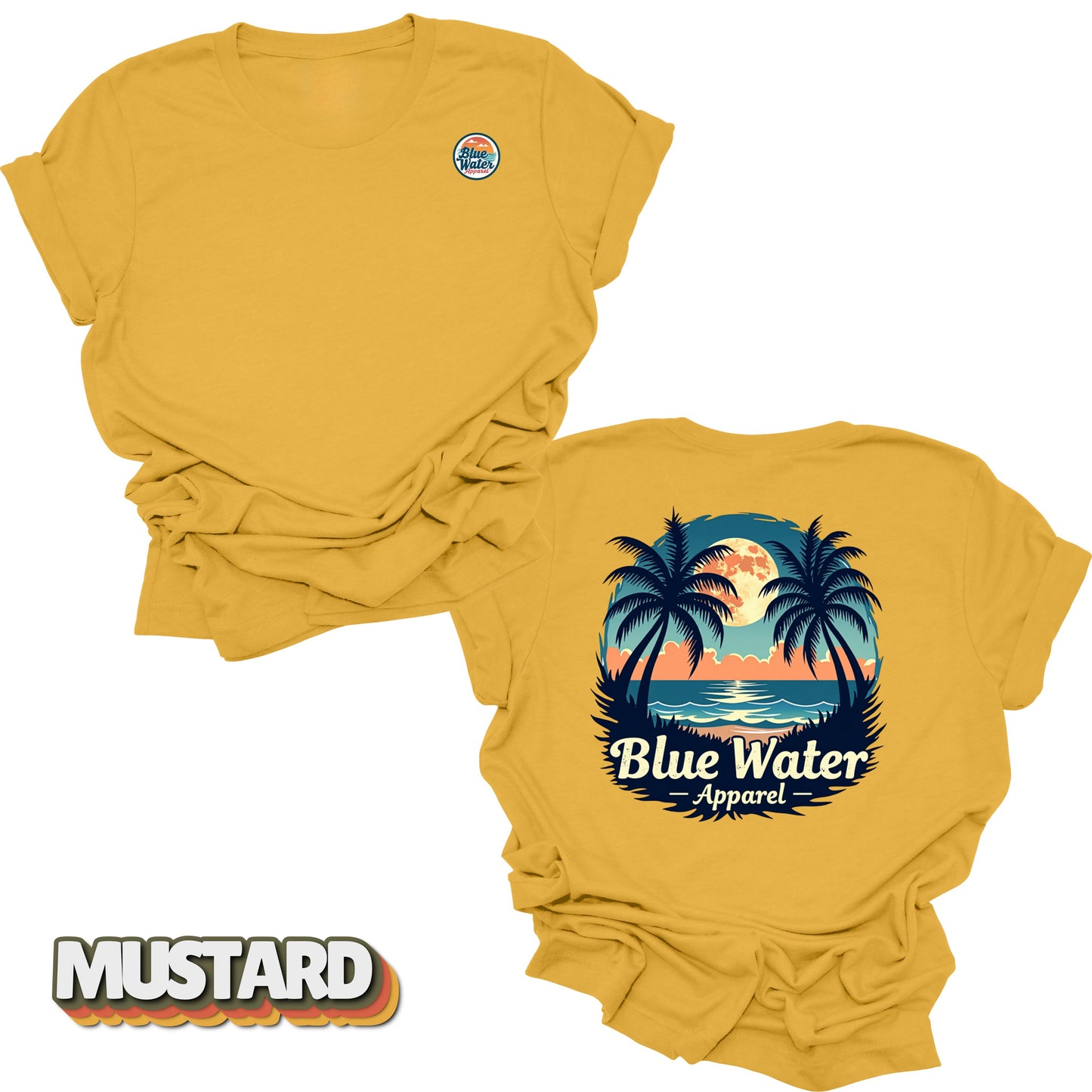 front and back flat lay of mustard tropical moon tee by blue water apparel
