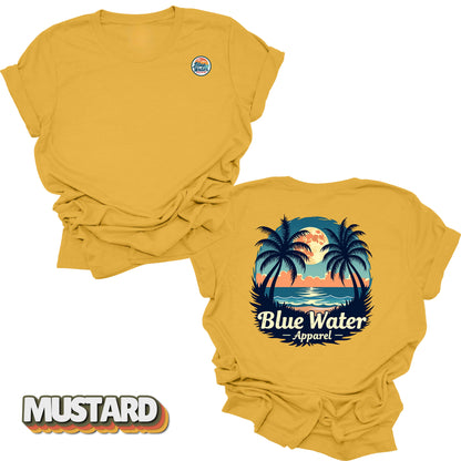 front and back flat lay of mustard tropical moon tee by blue water apparel