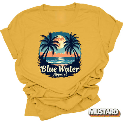 flat lay front graphic of mustard tropical moon tee by blue water apparel