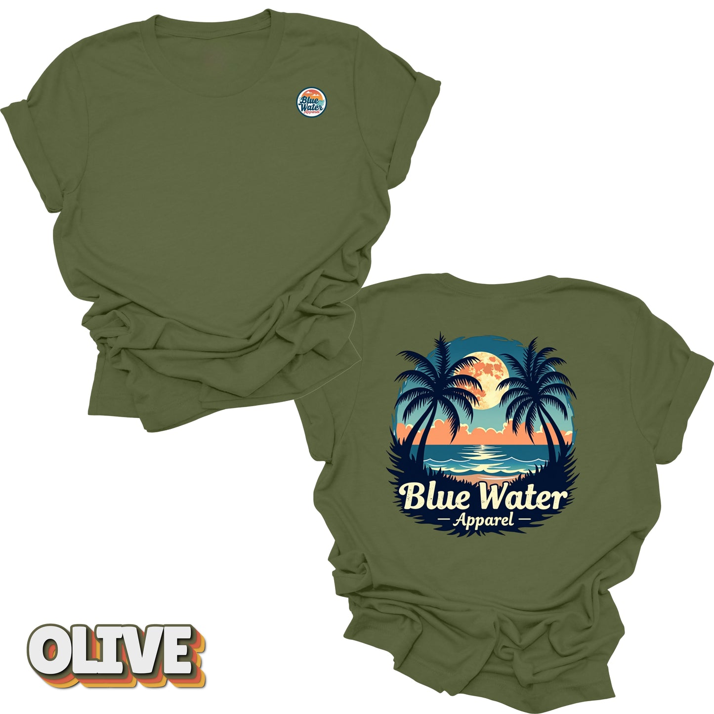 front and back flat lay of olive tropical moon tee by blue water apparel