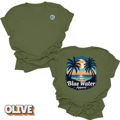 front and back flat lay of olive tropical moon tee by blue water apparel