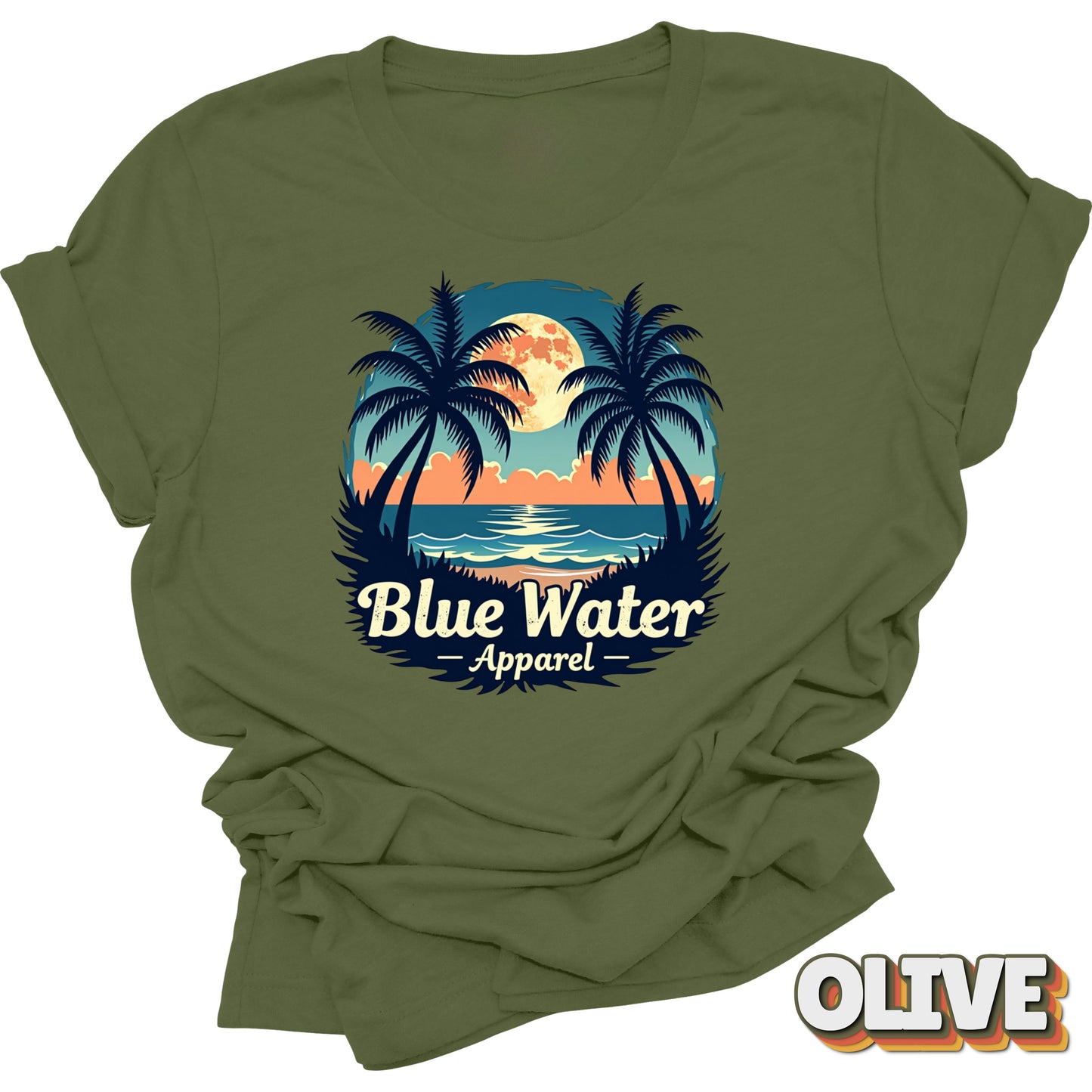 flat lay front graphic of olive tropical moon tee by blue water apparel