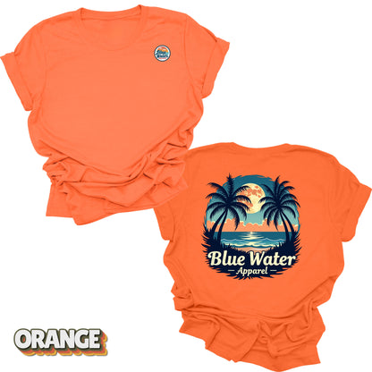 front and back flat lay of orange tropical moon tee by blue water apparel