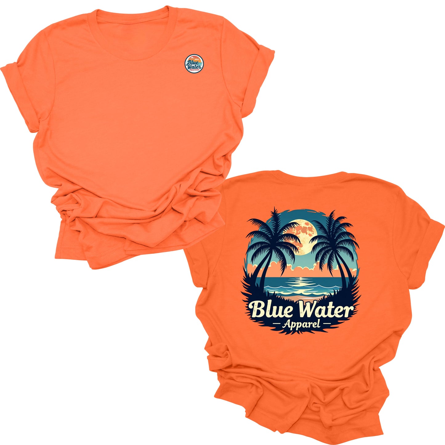 flat lay orange tropical moon tee by blue water apparel