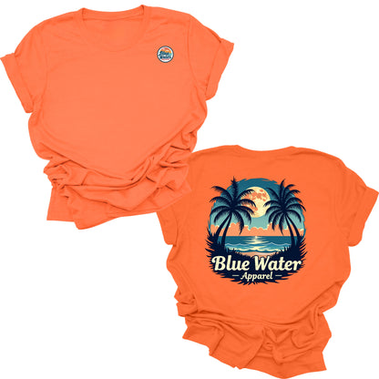 flat lay orange tropical moon tee by blue water apparel