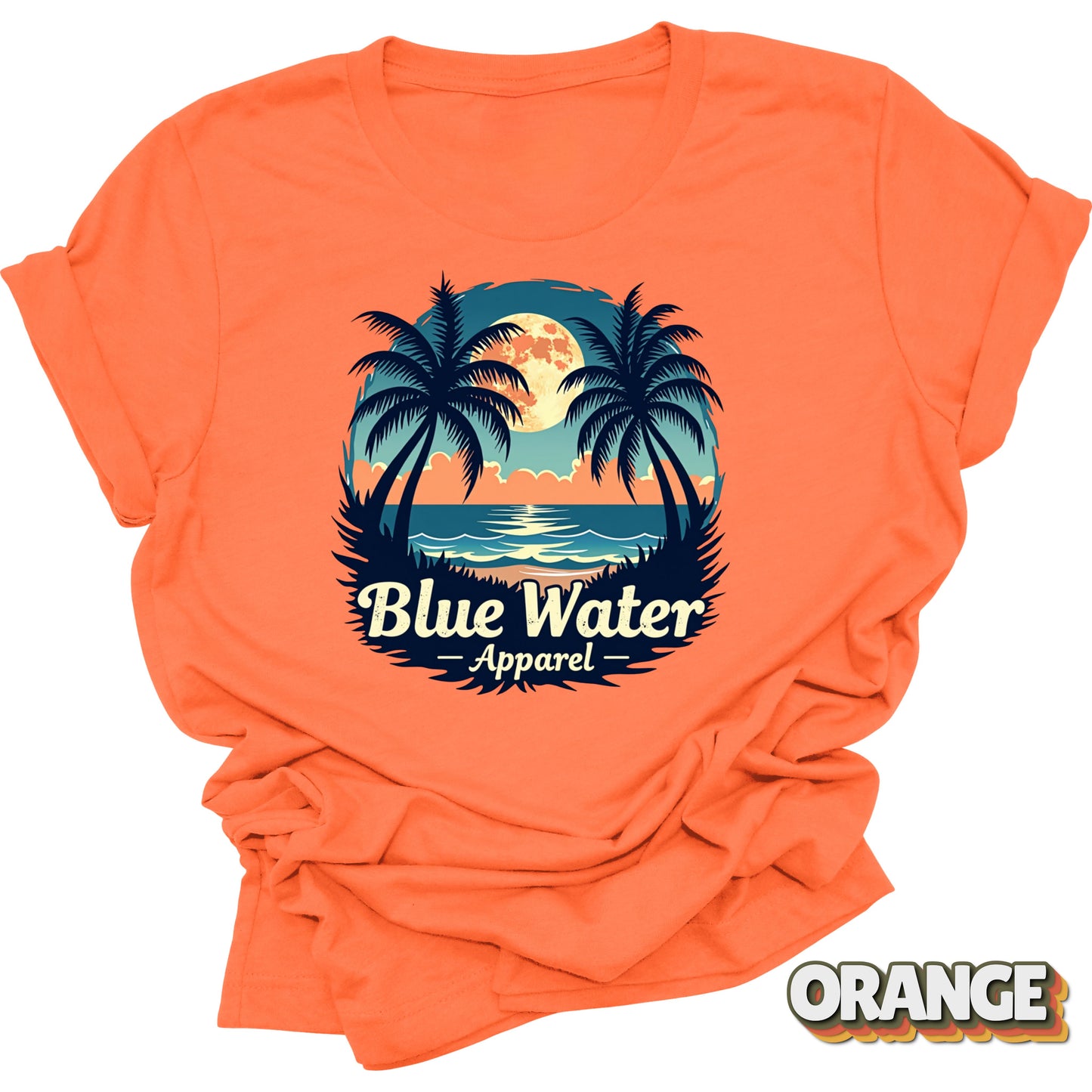 flat lay front graphic of orange tropical moon tee by blue water apparel