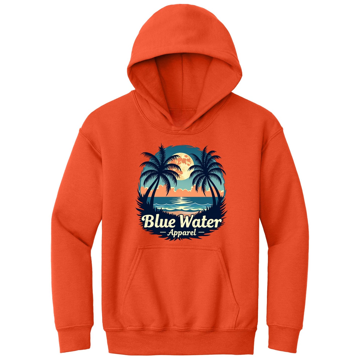 flat lay orange tropical moon kids hoodie by blue water apparel