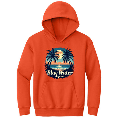 flat lay orange tropical moon kids hoodie by blue water apparel
