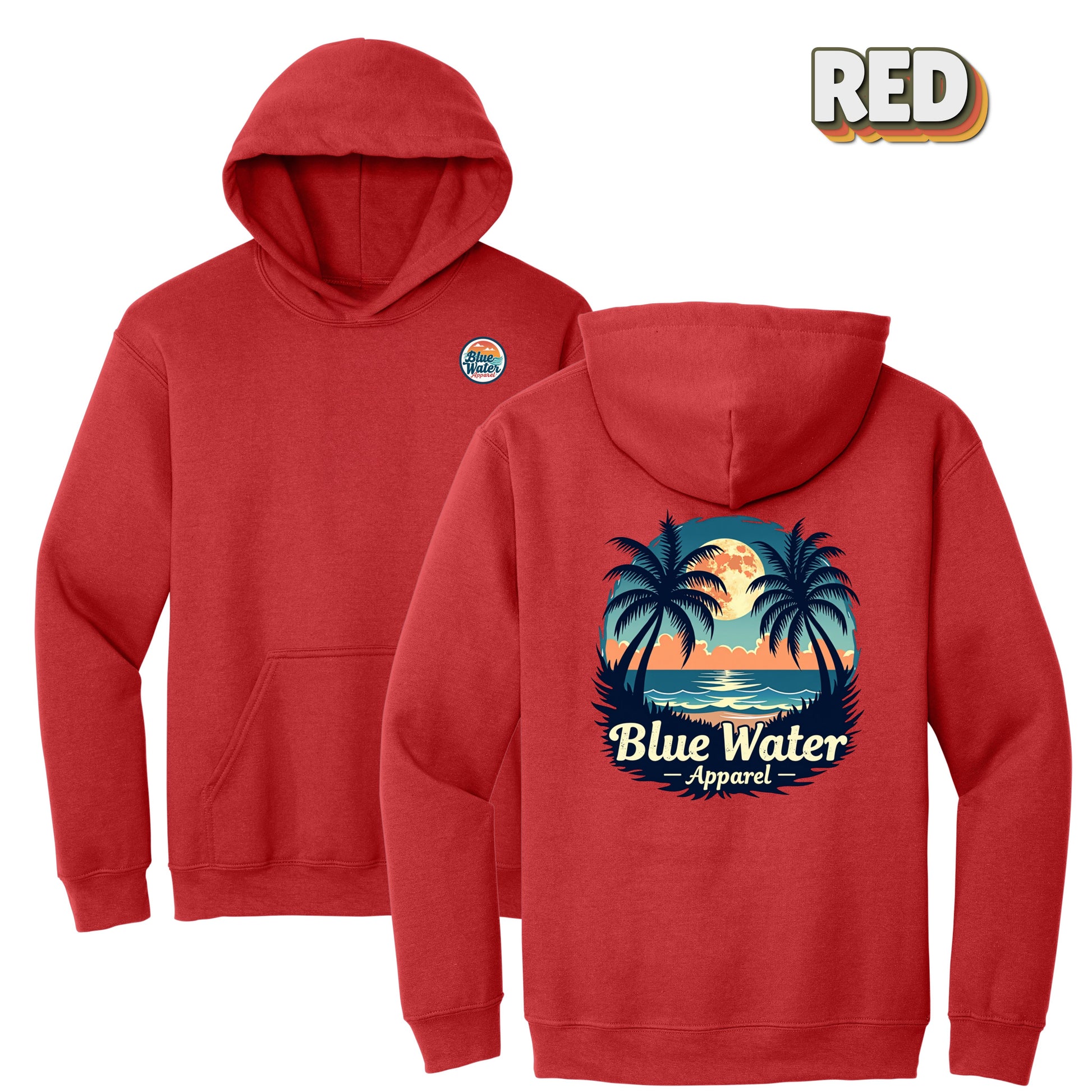 flat lay red tropical moon hoodie by blue water apparel