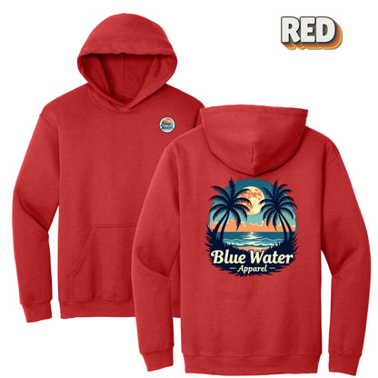 flat lay red tropical moon hoodie by blue water apparel