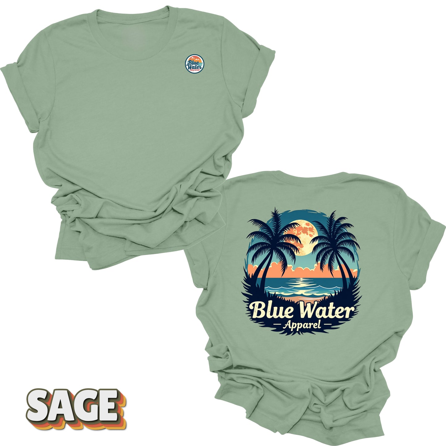 front and back flat lay of sage tropical moon tee by blue water apparel