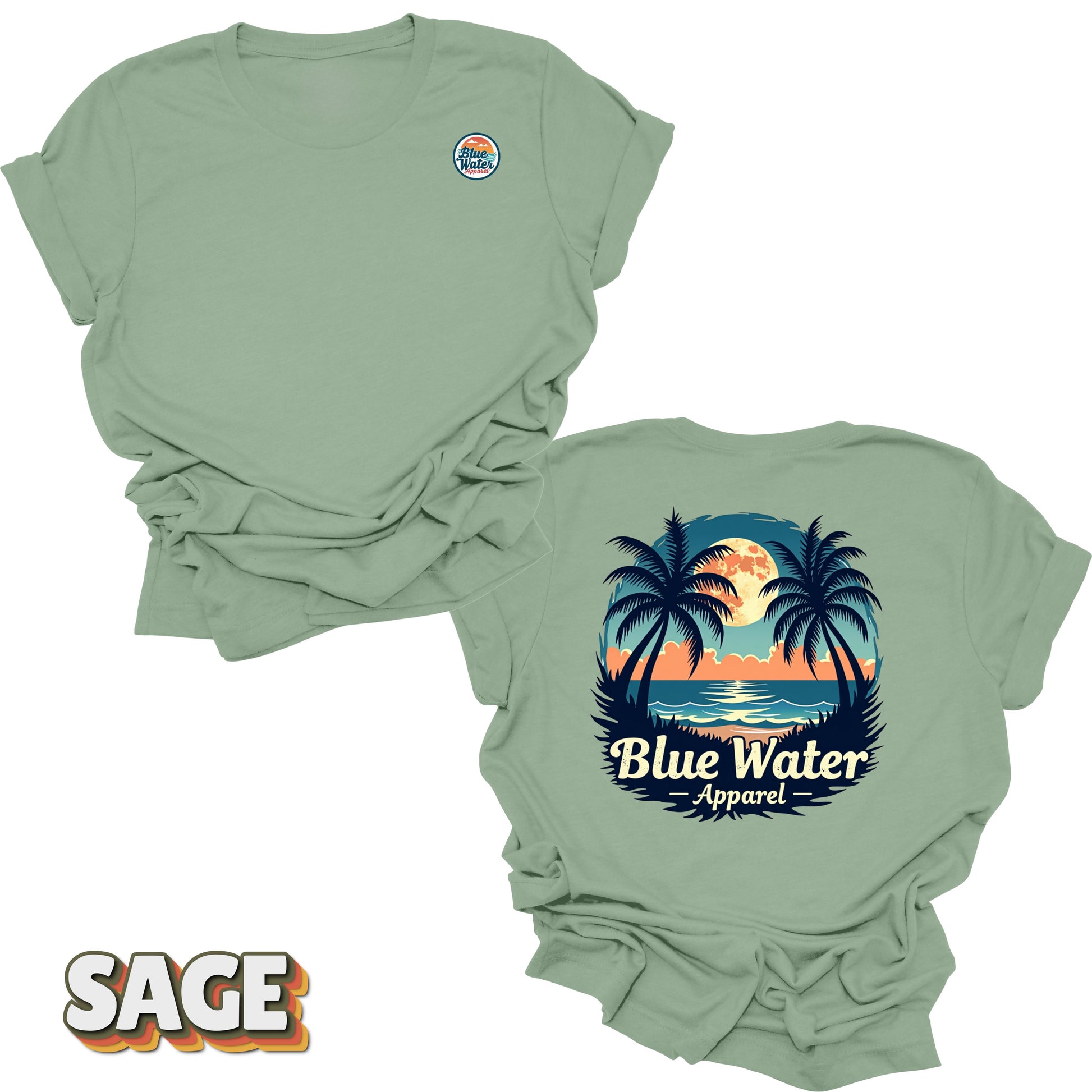 front and back flat lay of sage tropical moon tee by blue water apparel