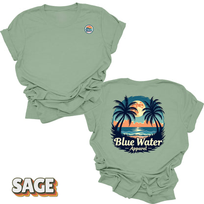 front and back flat lay of sage tropical moon tee by blue water apparel