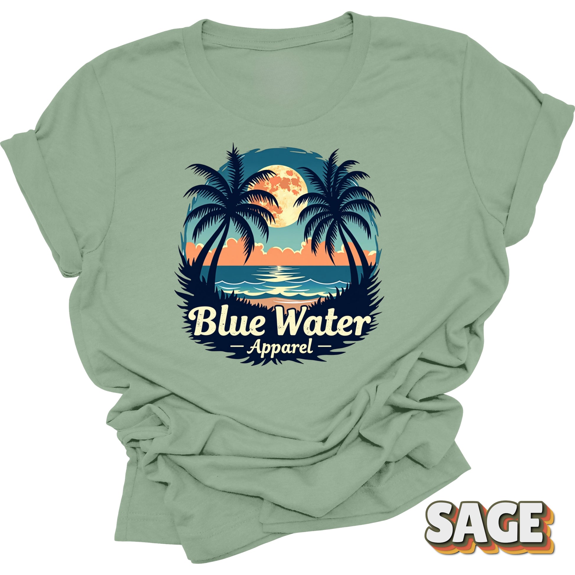 flat lay front graphic of sage tropical moon tee by blue water apparel