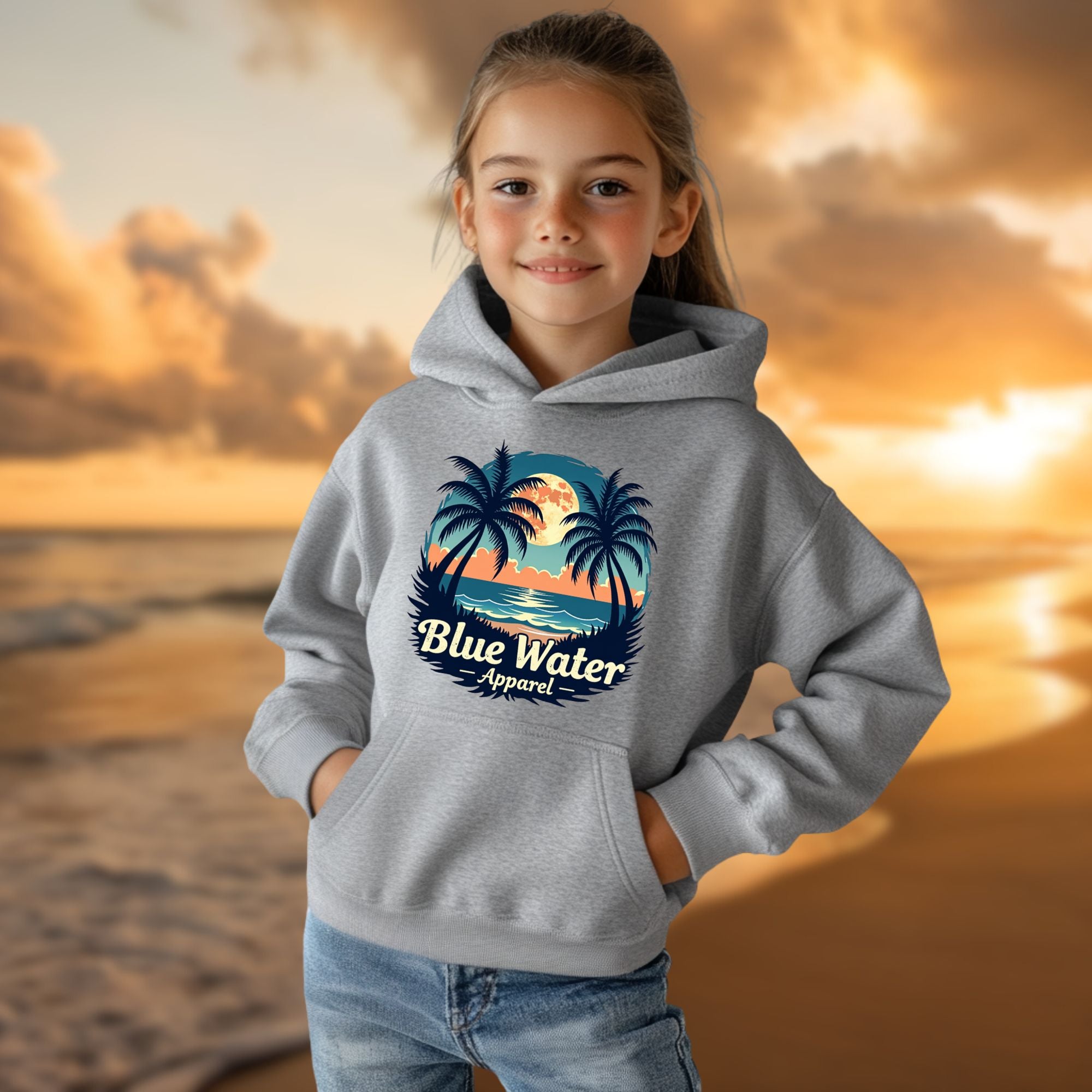 child model on beach wearing sport grey tropical moon kids hoodie by blue water apparel