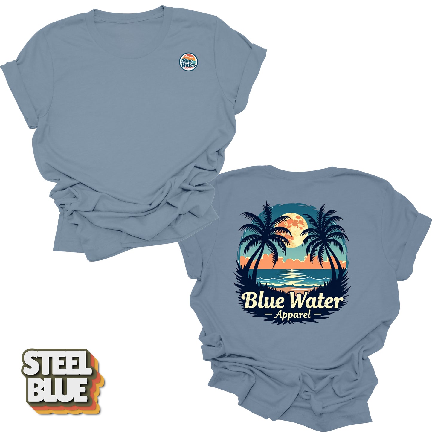 front and back flat lay of indigo blue tropical moon tee by blue water apparel