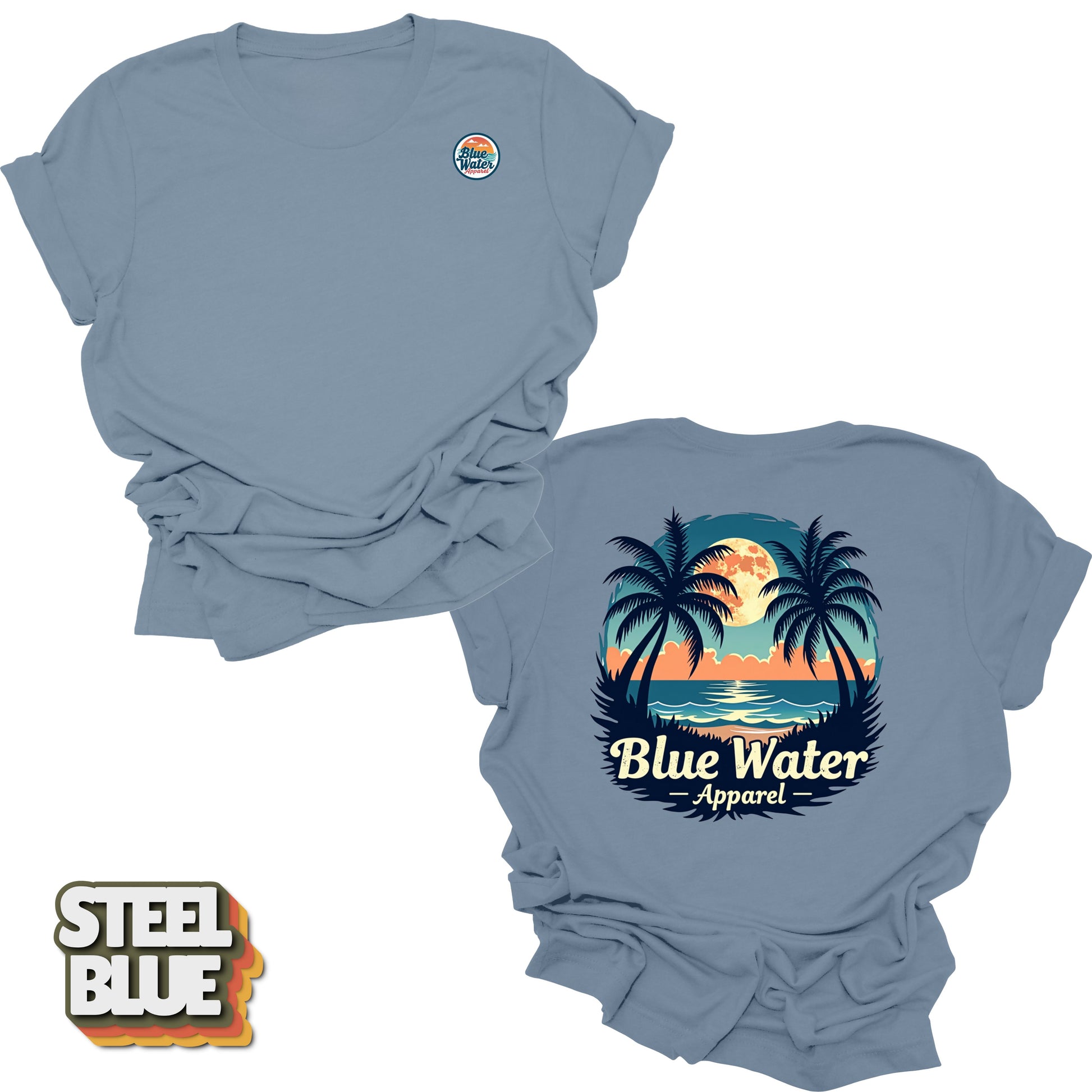 front and back flat lay of indigo blue tropical moon tee by blue water apparel
