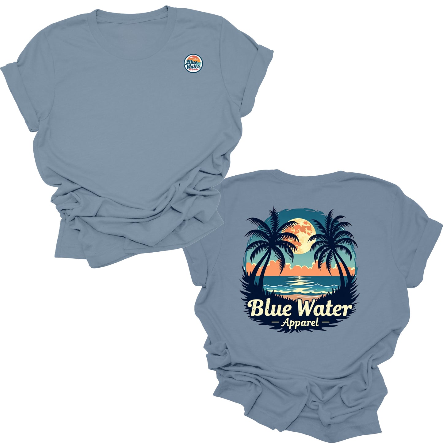 flat lay steel blue tropical moon tee by blue water apparel