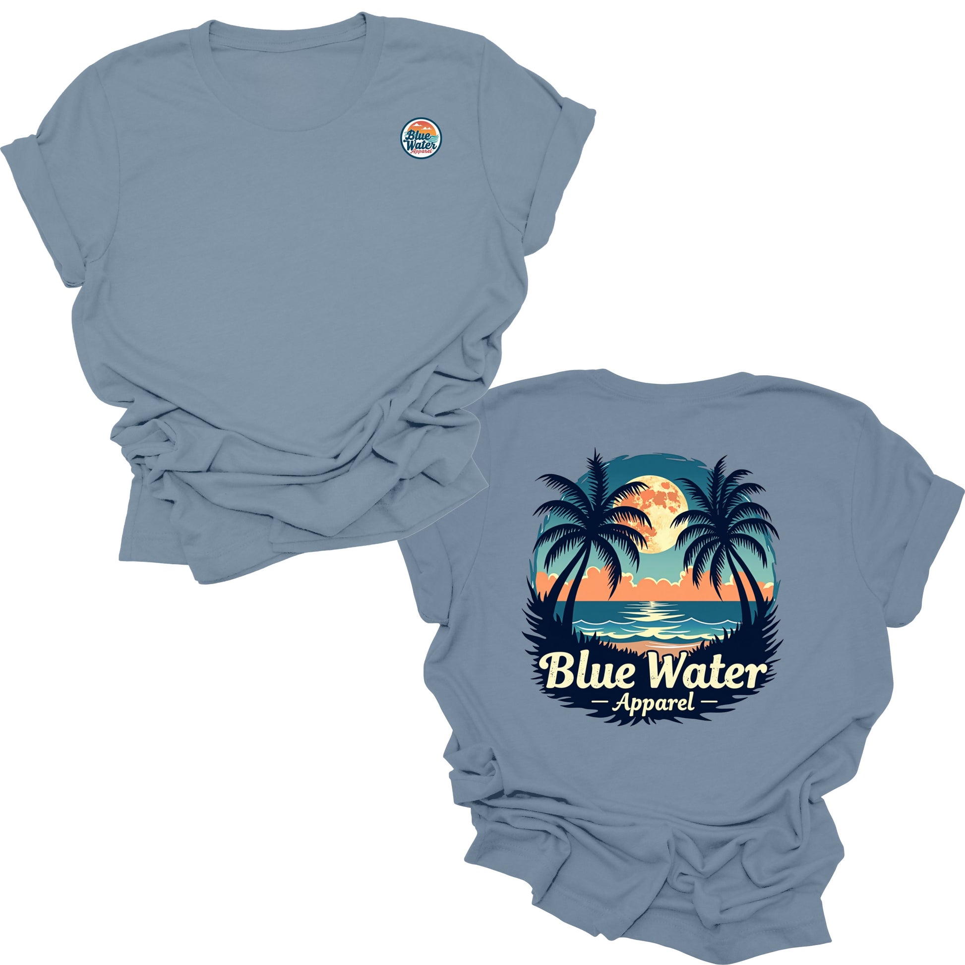 flat lay steel blue tropical moon tee by blue water apparel