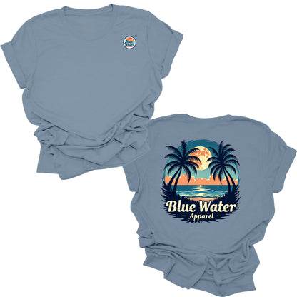 flat lay steel blue tropical moon tee by blue water apparel