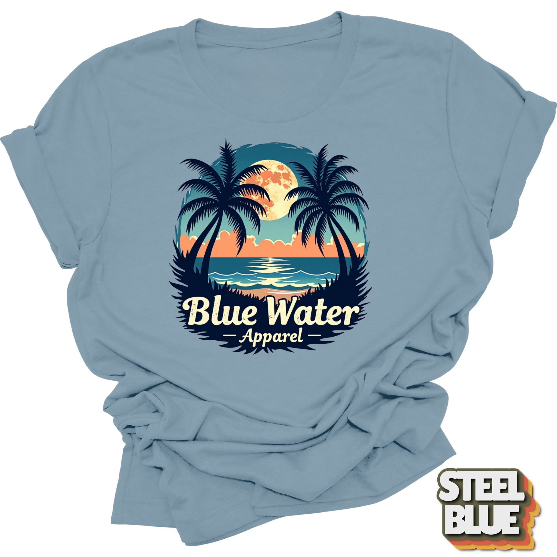 flat lay front graphic of steel blue tropical moon tee by blue water apparel