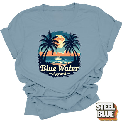 flat lay front graphic of steel blue tropical moon tee by blue water apparel