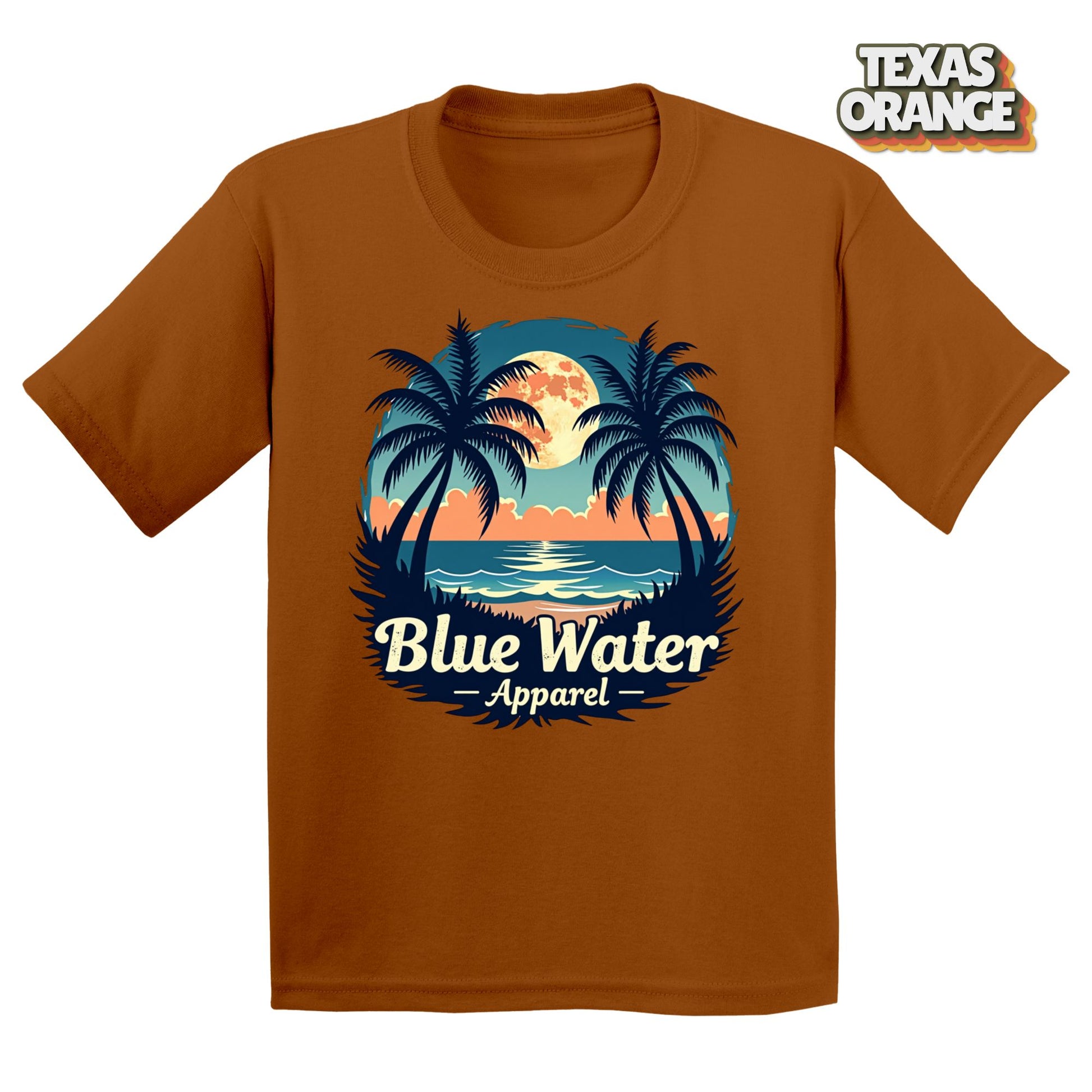 Flat lay tropical moon in texas orange by blue water apparel