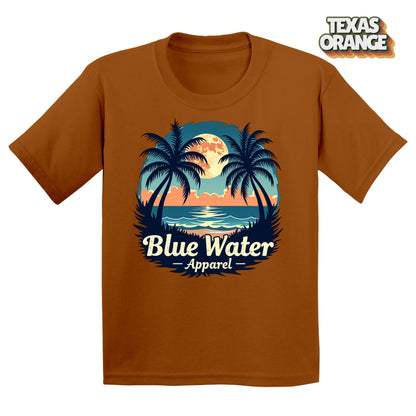 Flat lay tropical moon in texas orange by blue water apparel