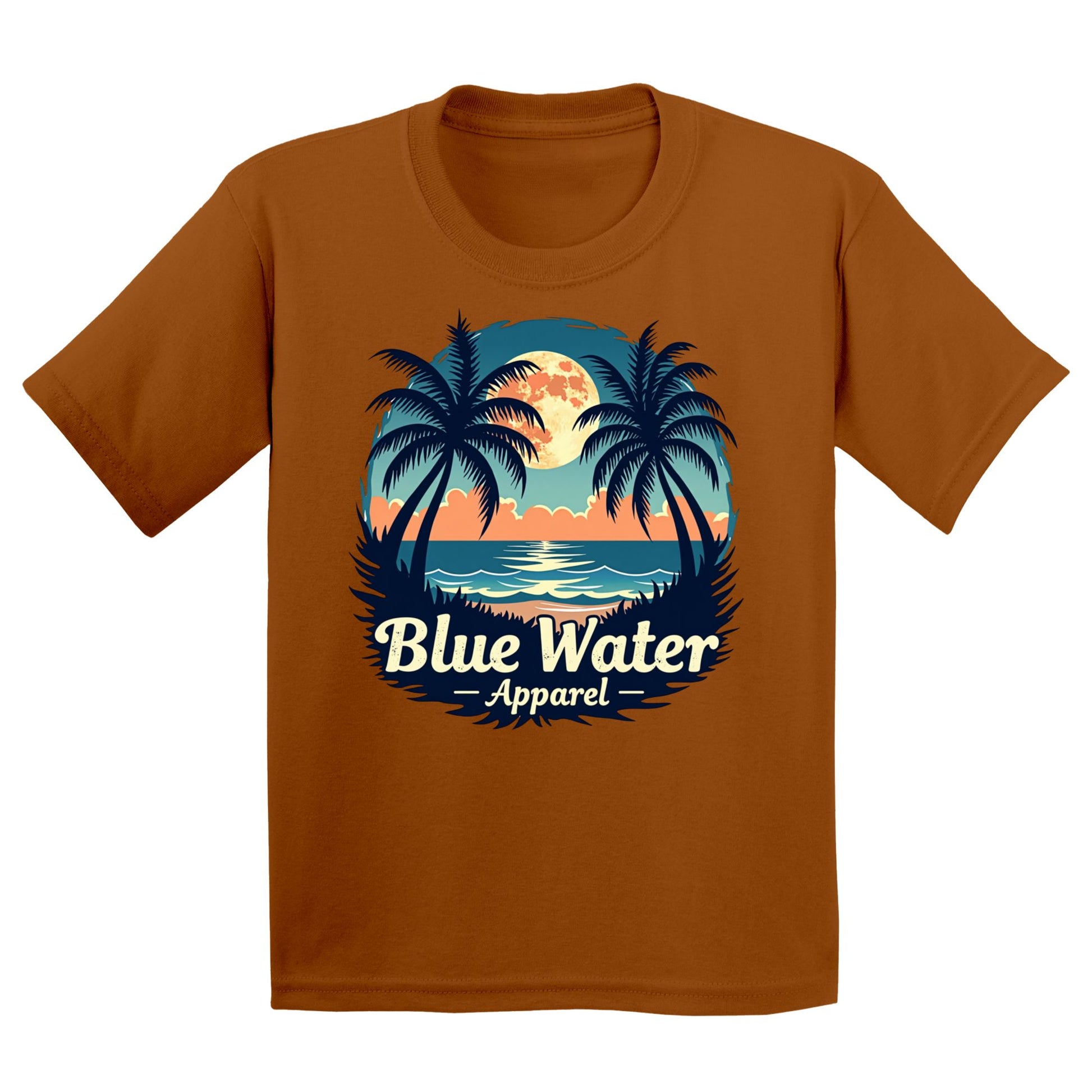 flat lay texas orange tropical moon kids tee by blue water apparel
