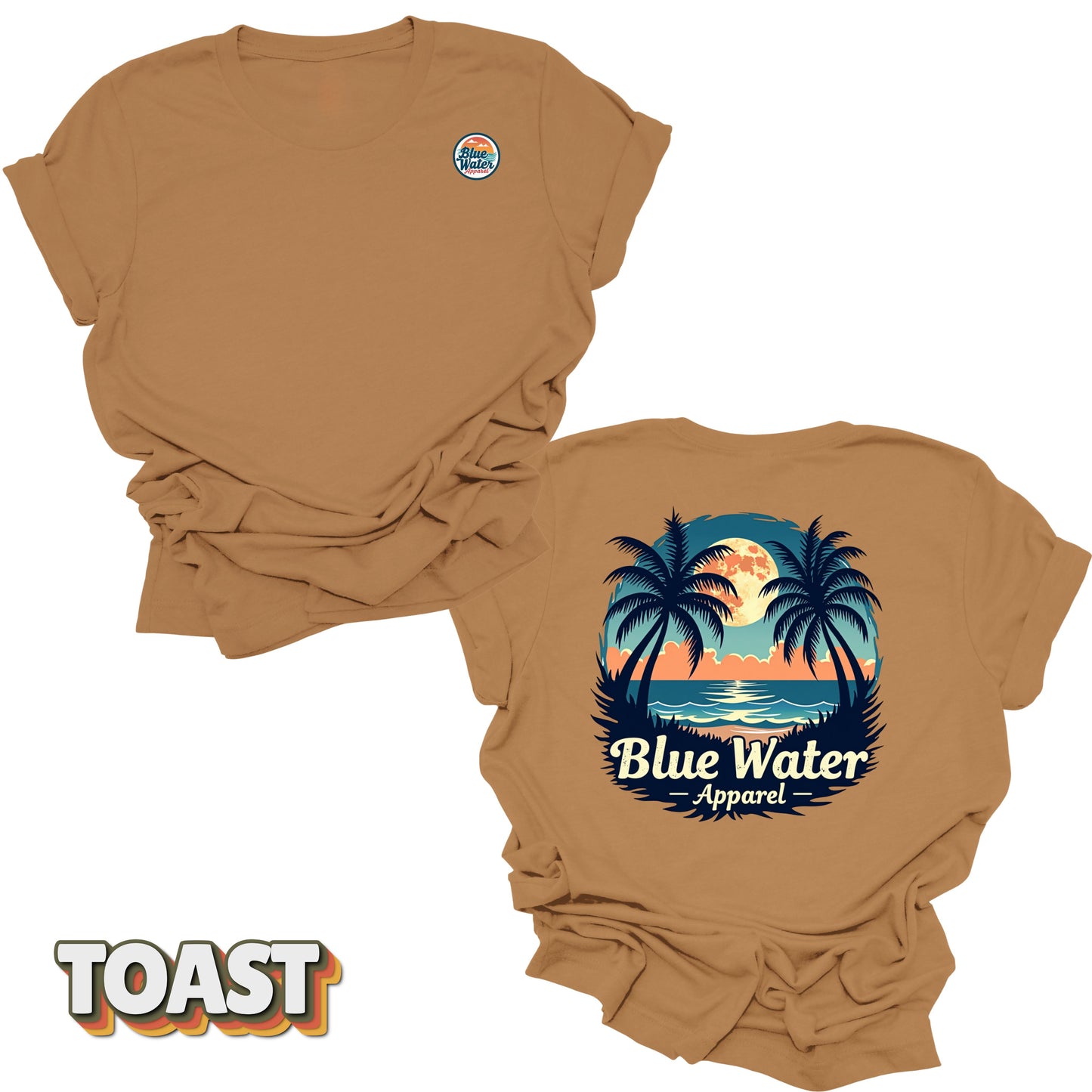 front and back flat lay of toast tropical moon tee by blue water apparel