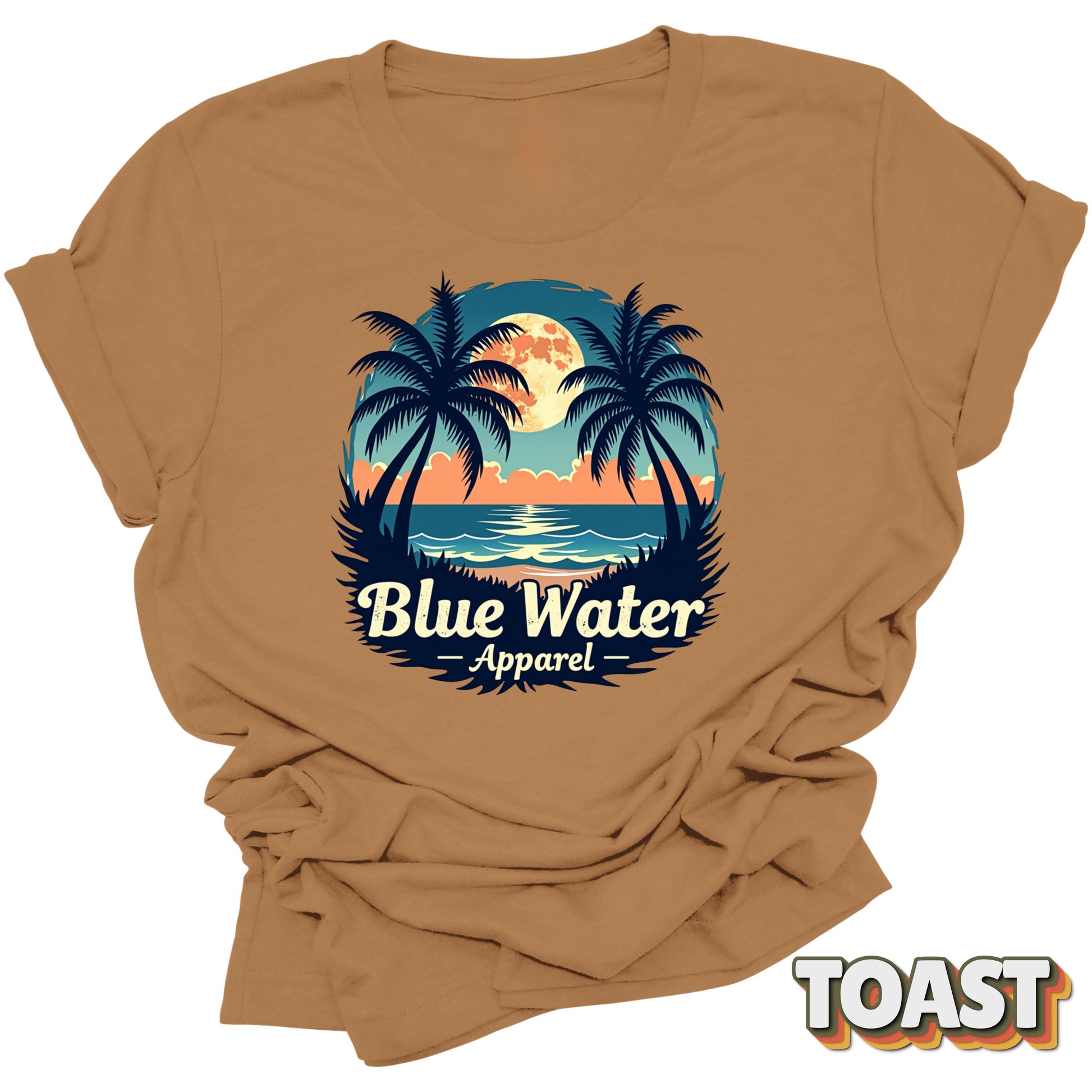 flat lay front graphic of toast tropical moon tee by blue water apparel
