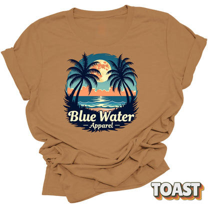 flat lay front graphic of toast tropical moon tee by blue water apparel