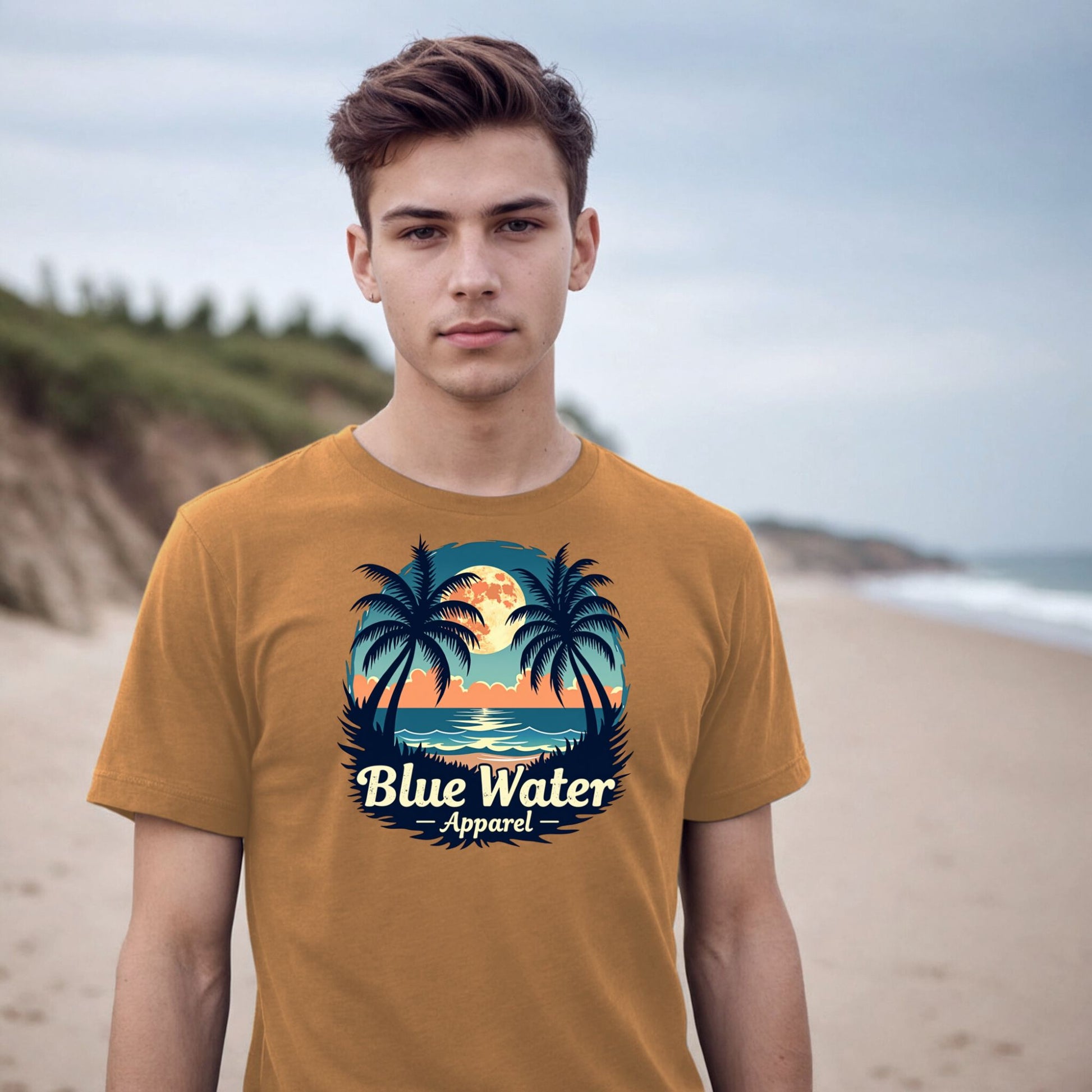 model on beach wearing a toast tropical moon tee by blue water apparel
