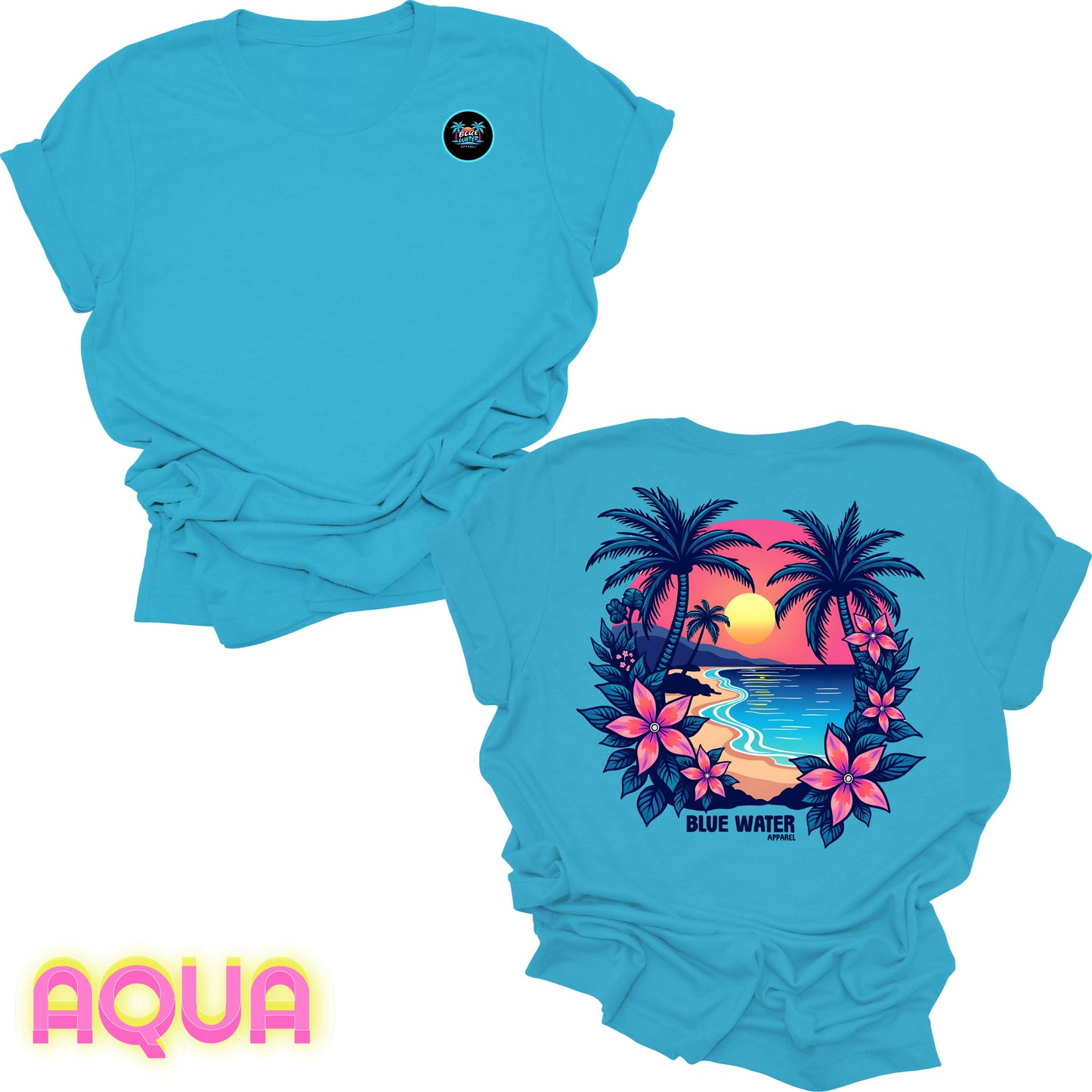 flat lay back graphic aqua tropical sunset tee by blue water apparel