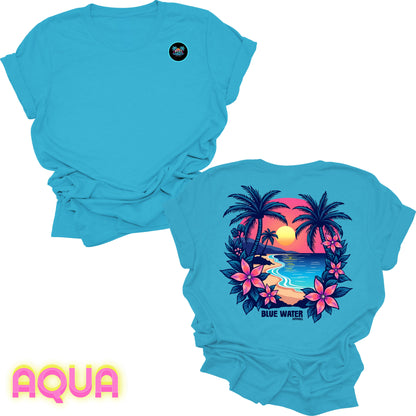 flat lay back graphic aqua tropical sunset tee by blue water apparel
