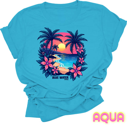 flat lay front graphic aqua tropical sunset tee by blue water apparel