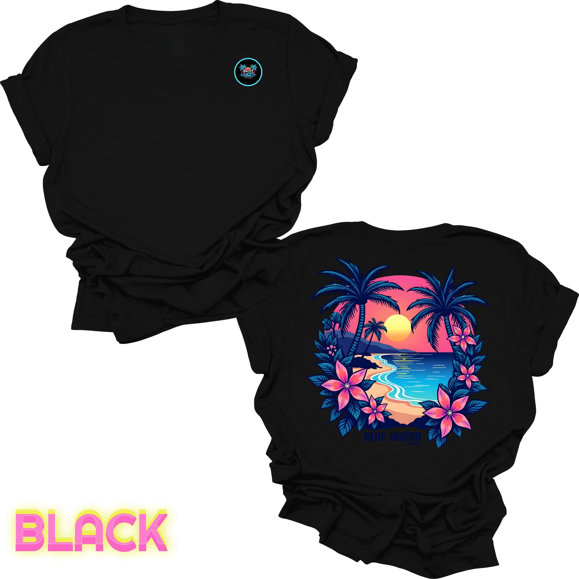 flat lay back graphic black tropical sunset tee by blue water apparel