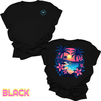 flat lay back graphic black tropical sunset tee by blue water apparel